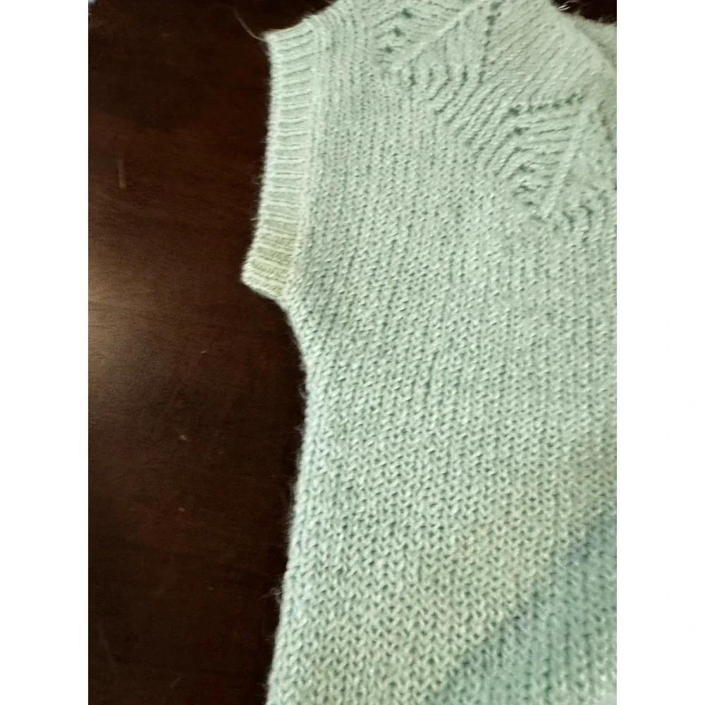 VTG Short Sleeve Sweater Mint Blue‎ Green Pointelle Cottage Lightweight Small